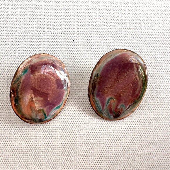 Abstract Design Enamel & Hammered Copper Earrings For Pierced Ears - Picture 1 of 8